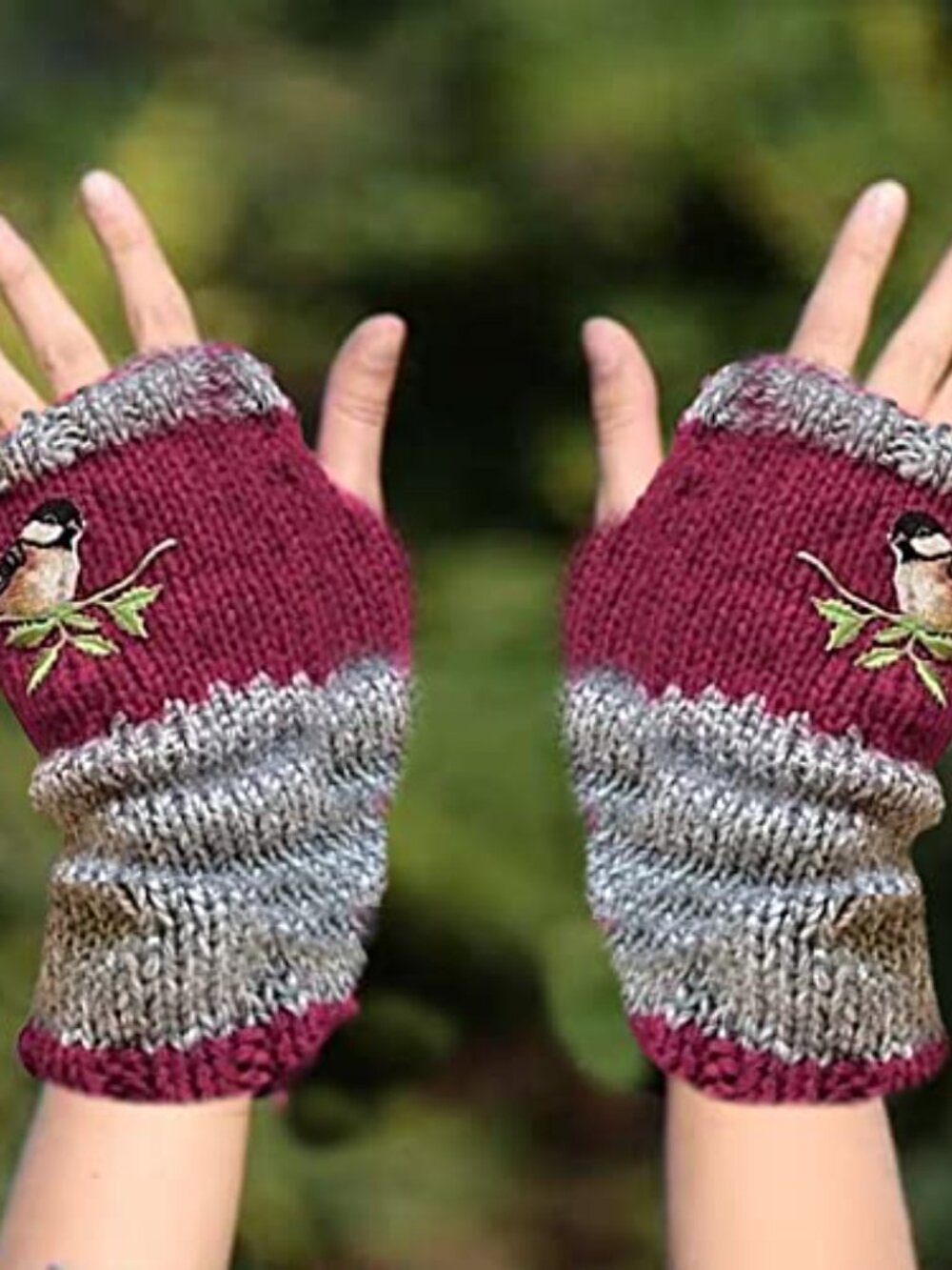 Warm Patchwork Embroidered Fingerless Gloves with Vintage Knitted Design